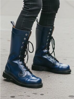 John Fluevog Blue ANGELS 10 Eye Derby Leather Lace-Up Combat Boots Sz 6.5